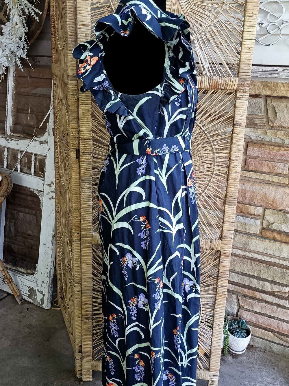 Maeve Anthropologie 100% Cotton Navy Floral Belted Maxi Dress_XS - Picture 7 of 11